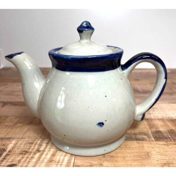 Ceramic Teapot With Lid White With Blue Rim 6-Cup Capacity Handcrafted Pottery S - Picture 1 of 5